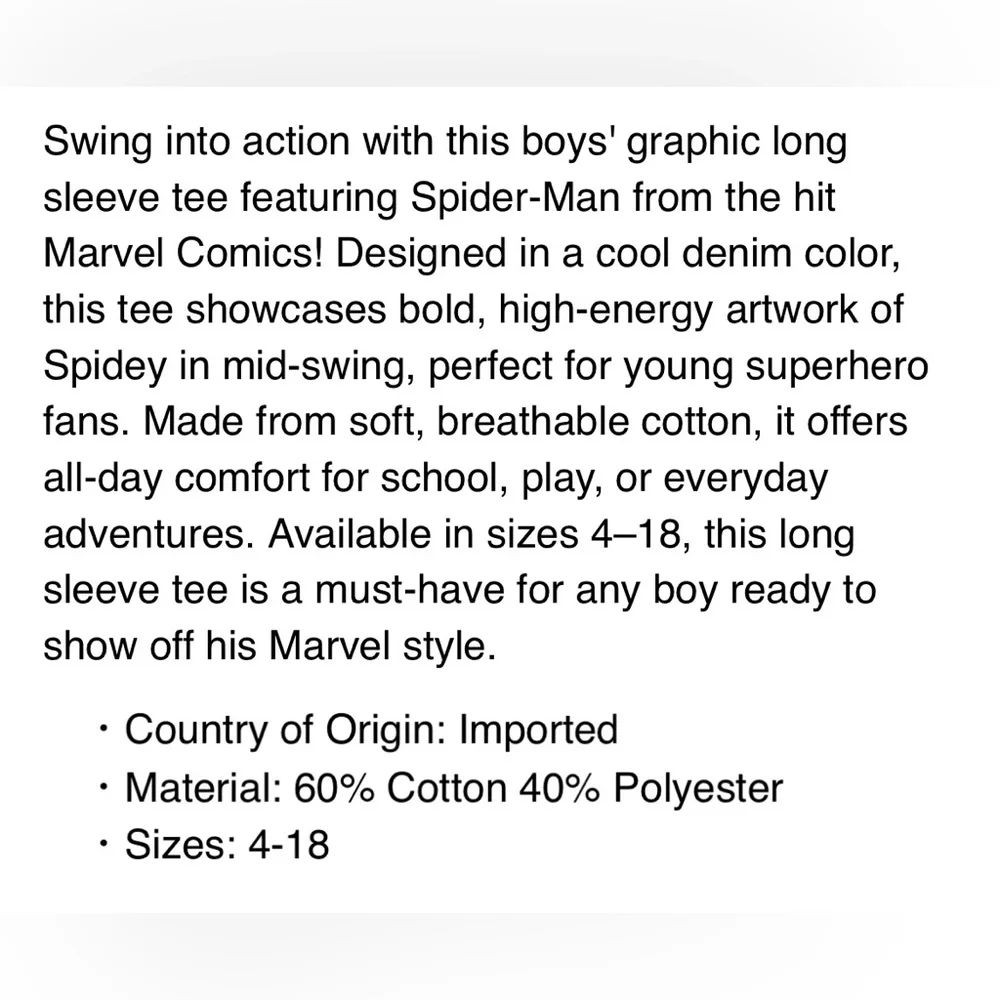 Marvel Spider-Man Boys XL 14/16 Long Sleeve Graphic Tee Blue‎ Amazing Spider-Man